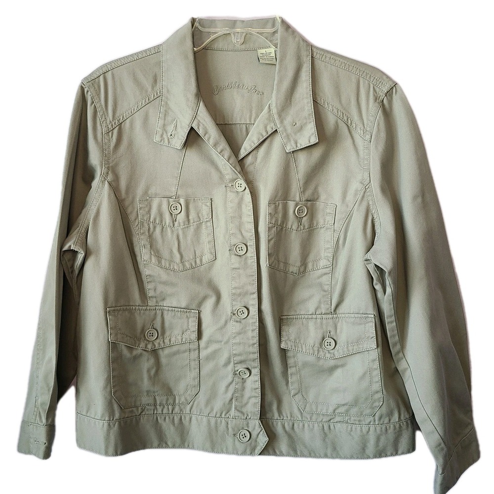 Caribbean Joe Khaki Cotton Utility‎ Button Up Jacket Safari Style Pockets Sz L
